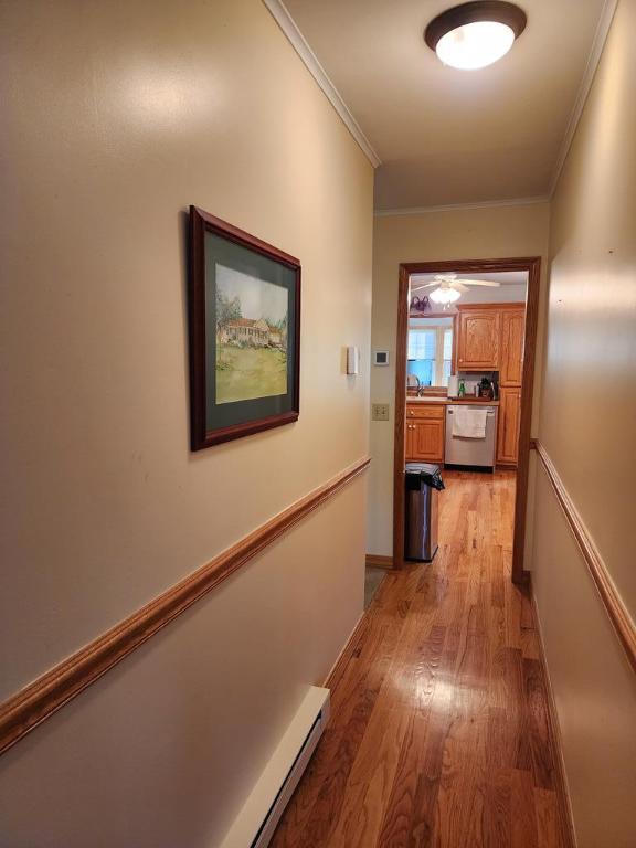 hallway featuring sink, crown molding, and light wood-type flooring