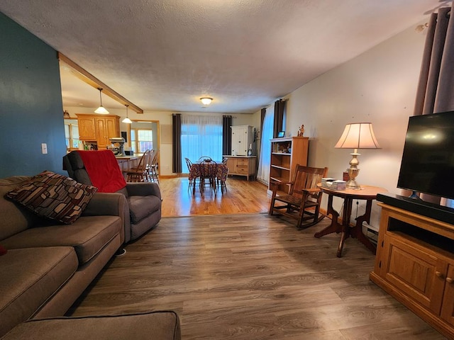 living room with wood-type flooring and a textured ceiling