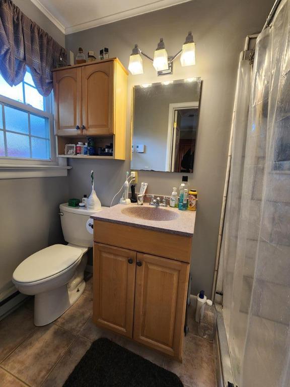 bathroom featuring walk in shower, tile patterned floors, toilet, crown molding, and vanity