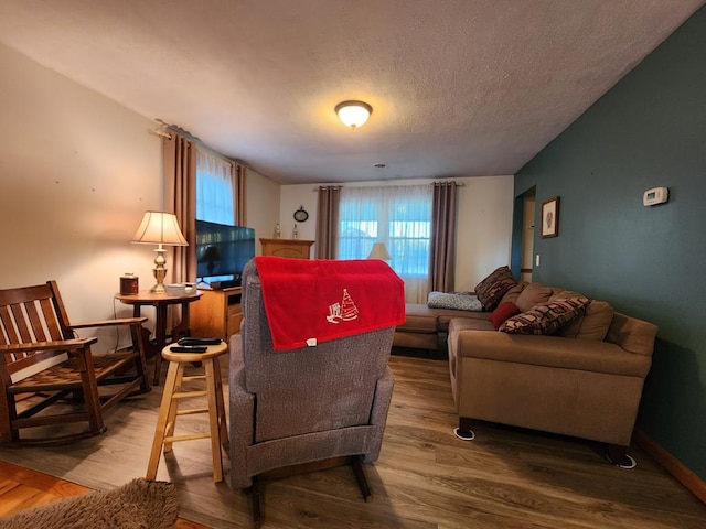 living room featuring hardwood / wood-style flooring and a textured ceiling