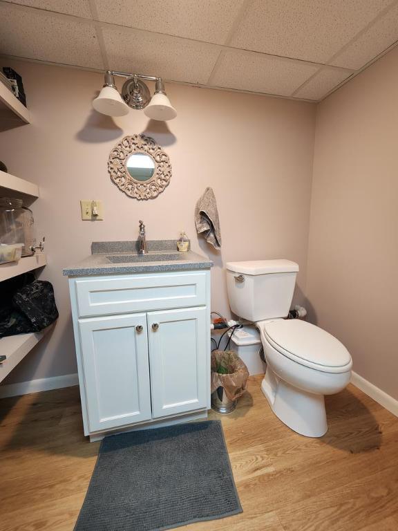 bathroom featuring vanity, hardwood / wood-style flooring, a paneled ceiling, and toilet