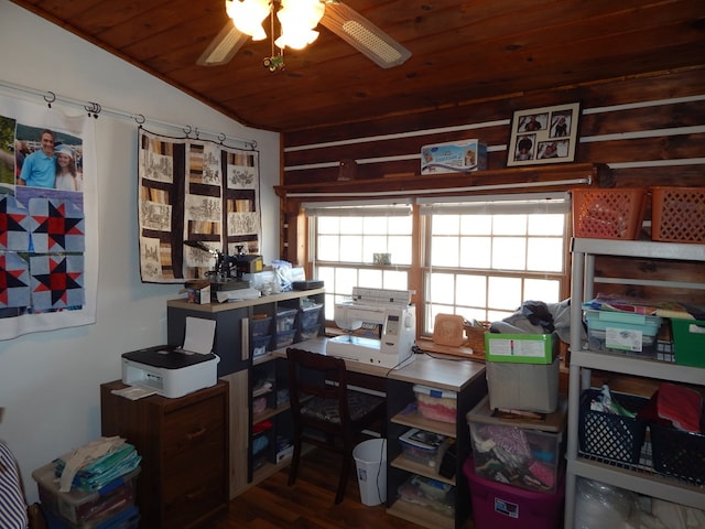 home office with wood finished floors, wood ceiling, ceiling fan, and vaulted ceiling