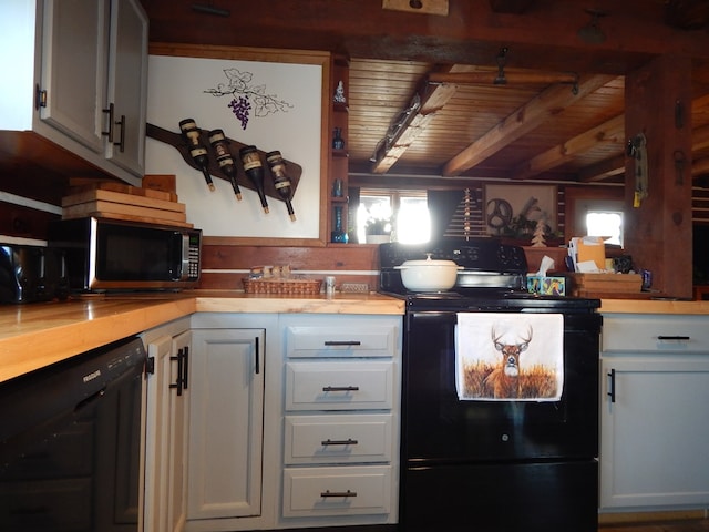 kitchen featuring beamed ceiling, black appliances, wooden ceiling, white cabinets, and light countertops