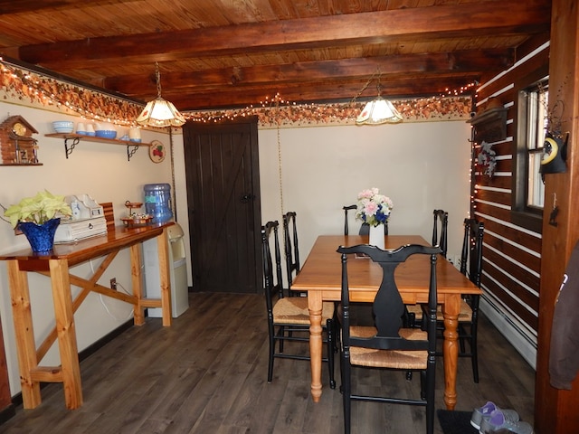 dining space with beam ceiling, wooden ceiling, a baseboard heating unit, and dark wood-type flooring