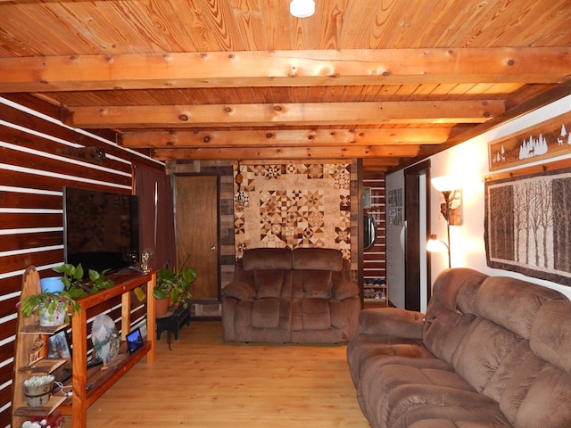 living area featuring beam ceiling, wooden ceiling, stairs, and wood finished floors