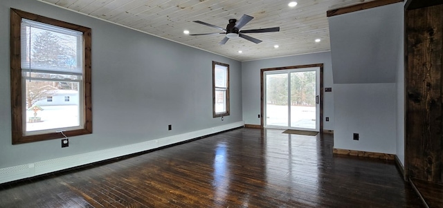 spare room with wood ceiling, ceiling fan, and dark hardwood / wood-style floors