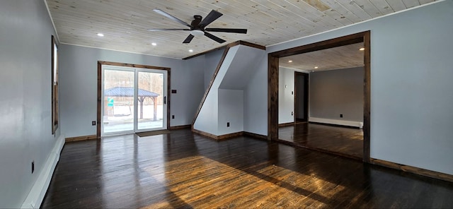 spare room featuring ceiling fan, wooden ceiling, dark hardwood / wood-style flooring, and baseboard heating