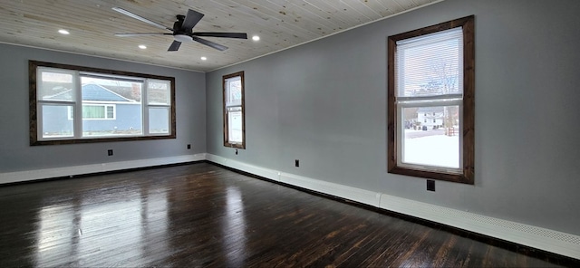 unfurnished room featuring dark hardwood / wood-style floors, wooden ceiling, and ceiling fan