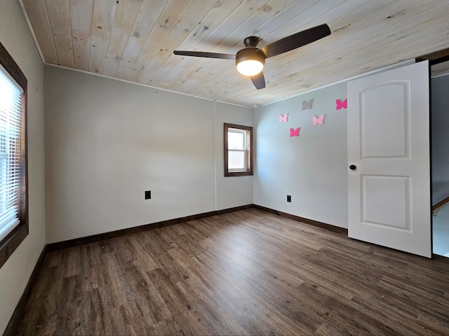 empty room featuring wood ceiling, dark wood-type flooring, and ceiling fan