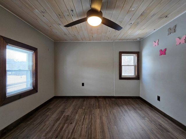 unfurnished room with dark wood-type flooring, wooden ceiling, and ceiling fan