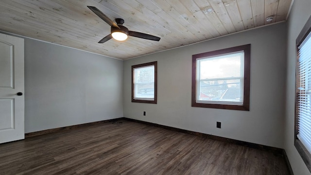 spare room featuring wooden ceiling, dark hardwood / wood-style floors, and ceiling fan