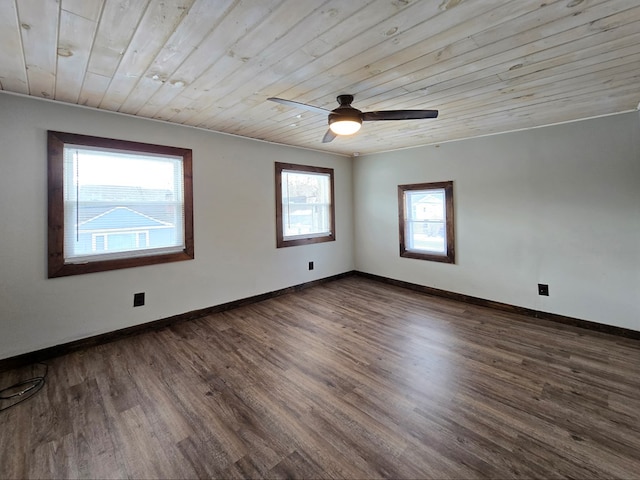 spare room featuring wood ceiling, ceiling fan, and dark hardwood / wood-style floors