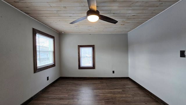 unfurnished room featuring wood ceiling, ceiling fan, and dark hardwood / wood-style floors