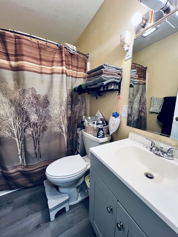 full bath featuring a shower with shower curtain, toilet, wood finished floors, and vanity