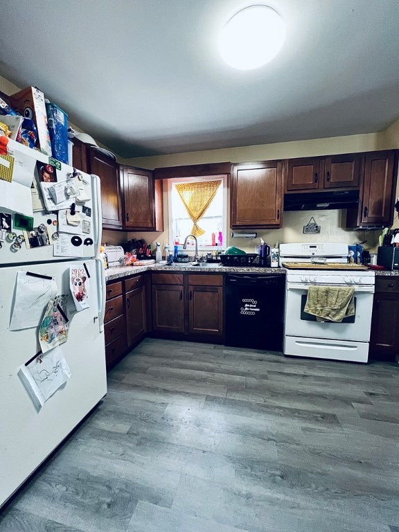 kitchen with white appliances, dark brown cabinets, wood finished floors, and under cabinet range hood