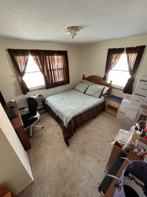 bedroom with multiple windows, carpet flooring, and a textured ceiling