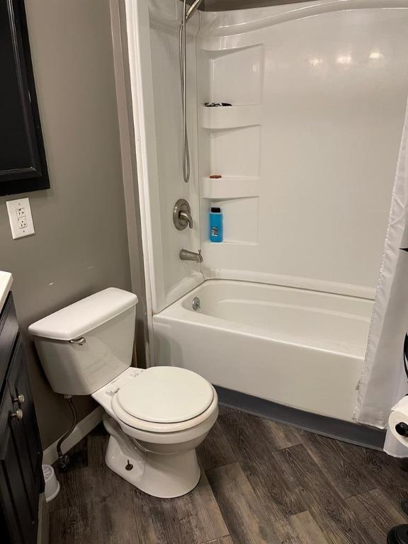 full bathroom featuring vanity, shower / tub combo, hardwood / wood-style flooring, and toilet