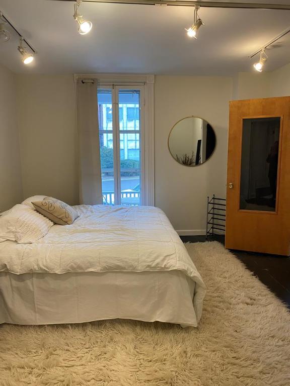 carpeted bedroom with rail lighting