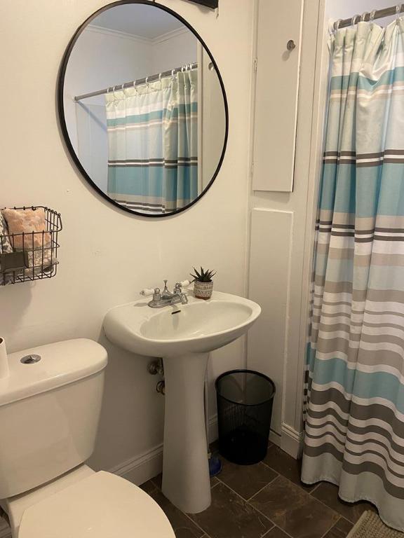 bathroom with toilet and curtained shower