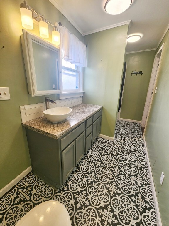 bathroom featuring crown molding, vanity, and backsplash