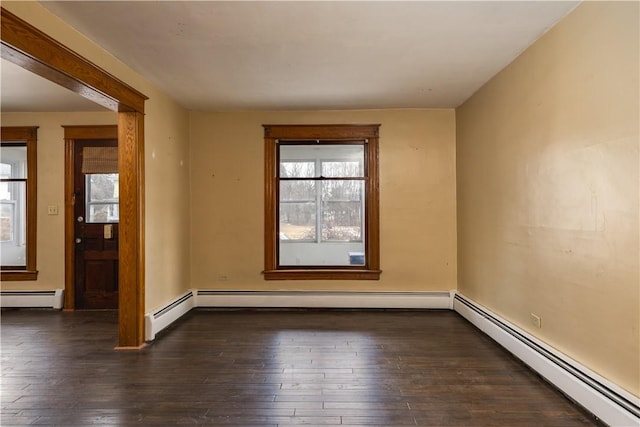 spare room featuring dark wood-type flooring and baseboard heating