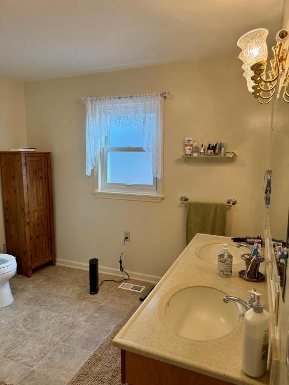 bathroom with vanity, a chandelier, and toilet