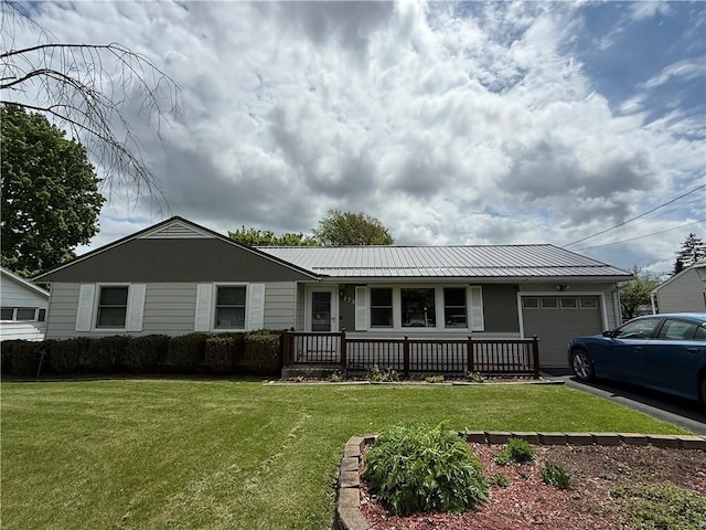 175 Beartown Rd, Erwin, NY 14870 - ranch-style house with an attached garage, a front yard, metal roof, driveway, and covered porch