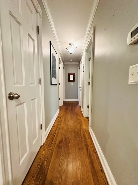 hall featuring ornamental molding and hardwood / wood-style floors