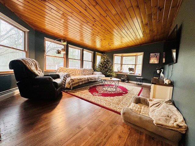 living room with hardwood / wood-style flooring, vaulted ceiling, and wooden ceiling