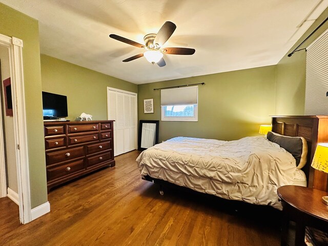 bedroom with hardwood / wood-style flooring, ceiling fan, and a closet