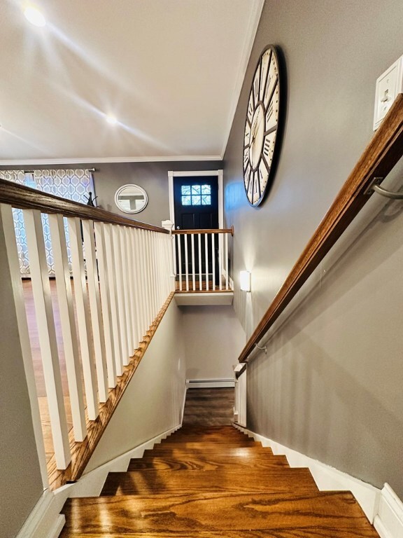 stairs with wood-type flooring and crown molding