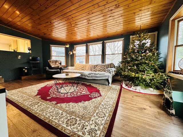 living room featuring lofted ceiling, wooden ceiling, hardwood / wood-style floors, and a wealth of natural light