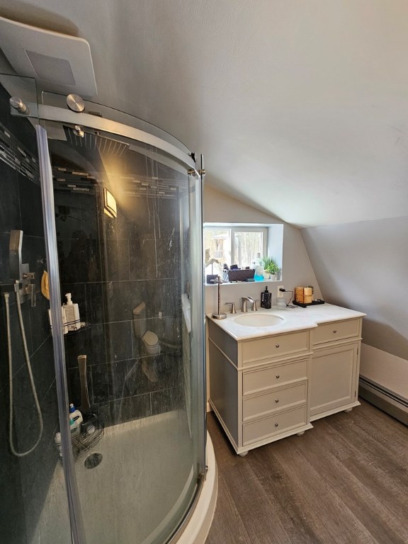 bathroom with hardwood / wood-style floors, a baseboard radiator, lofted ceiling, vanity, and an enclosed shower