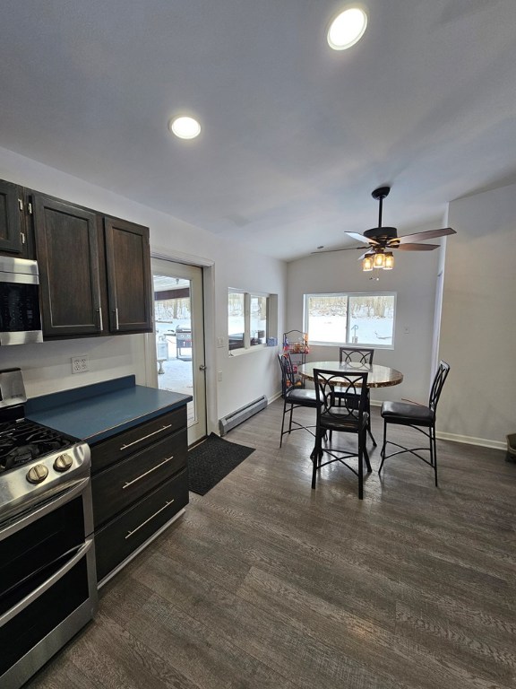 kitchen with plenty of natural light, appliances with stainless steel finishes, dark hardwood / wood-style flooring, and a baseboard heating unit