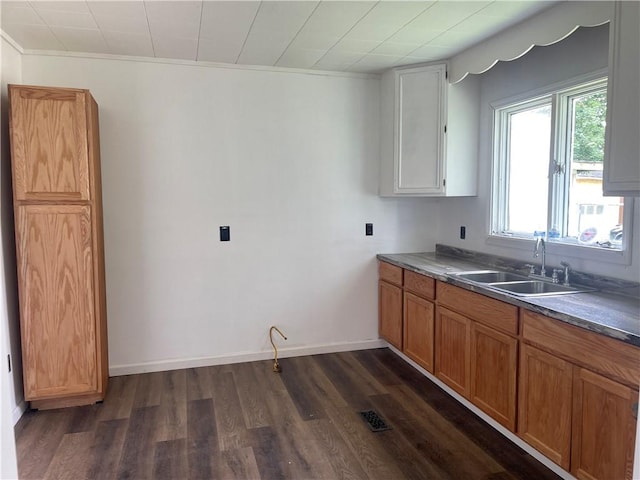 350 E High St, Erwin, NY 14870 - kitchen with dark wood-style flooring, crown molding, dark countertops, and brown cabinetry
