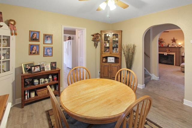 dining area featuring ceiling fan and light wood-type flooring