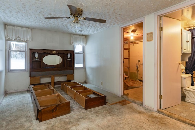 interior space featuring ceiling fan, multiple windows, ensuite bath, and a textured ceiling