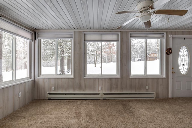 unfurnished sunroom featuring a baseboard radiator, wooden ceiling, and ceiling fan