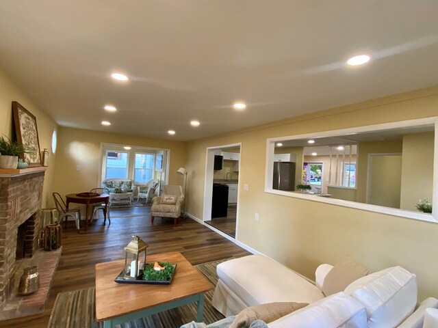 living room featuring dark wood-type flooring and a fireplace