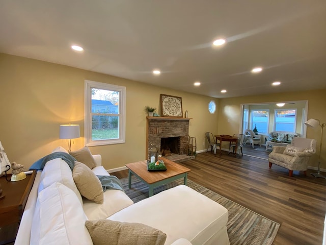 living room featuring dark wood-type flooring