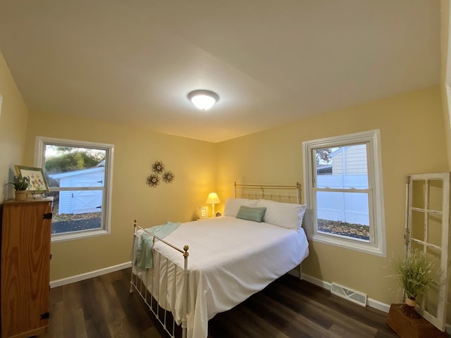 bedroom with multiple windows and dark wood-type flooring