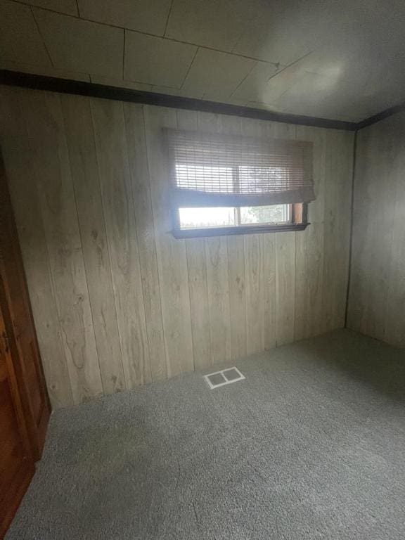 carpeted spare room with wood walls