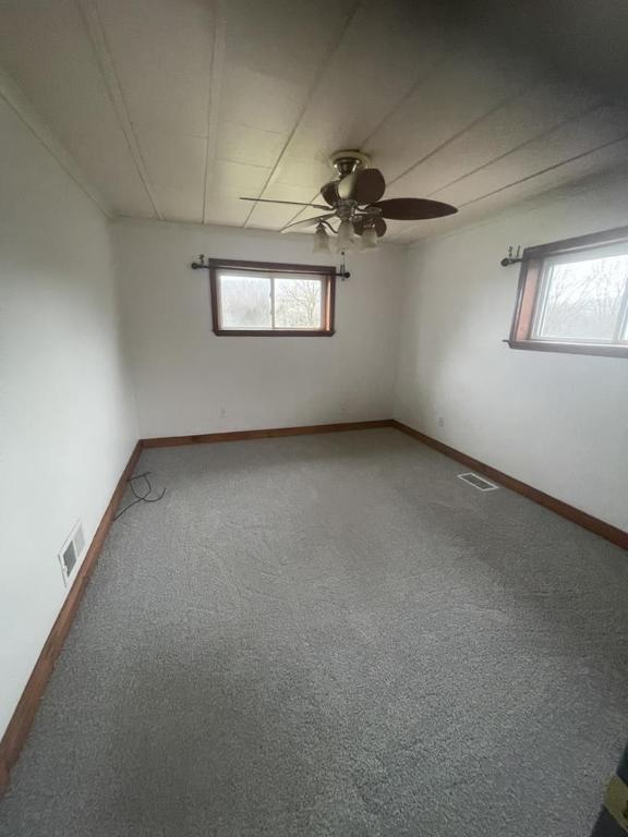 carpeted empty room with ceiling fan and a wealth of natural light