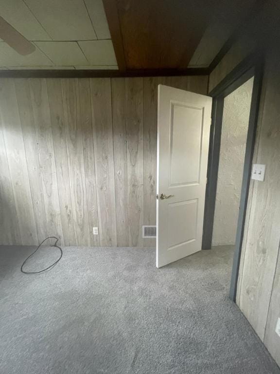 carpeted empty room featuring wood walls