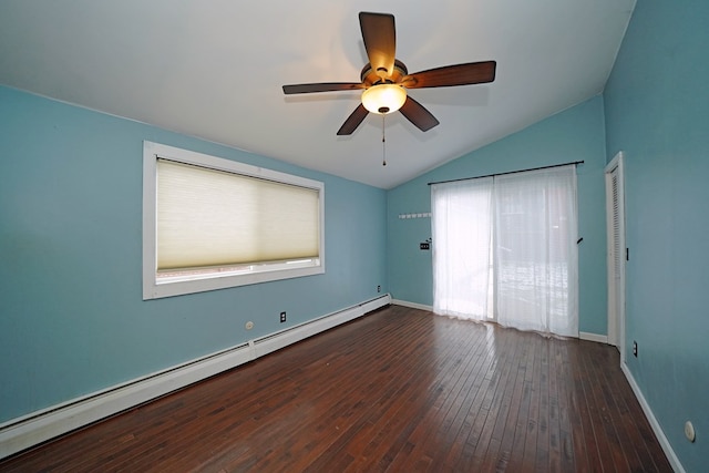 unfurnished bedroom featuring a baseboard heating unit, vaulted ceiling, dark hardwood / wood-style floors, and ceiling fan