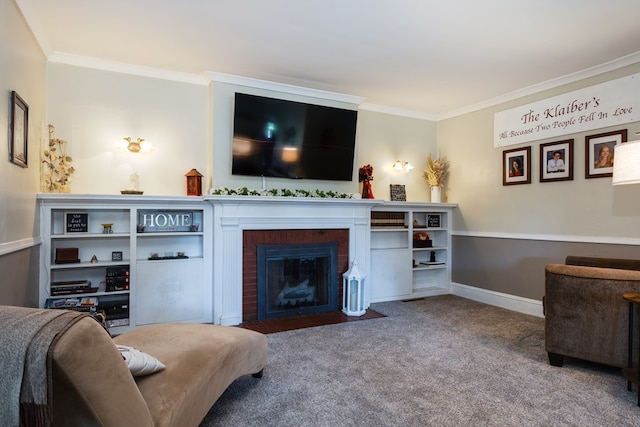 carpeted living room featuring a brick fireplace and crown molding