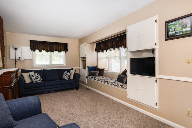 living room featuring plenty of natural light and light carpet