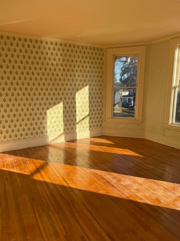 unfurnished room with hardwood / wood-style flooring and crown molding