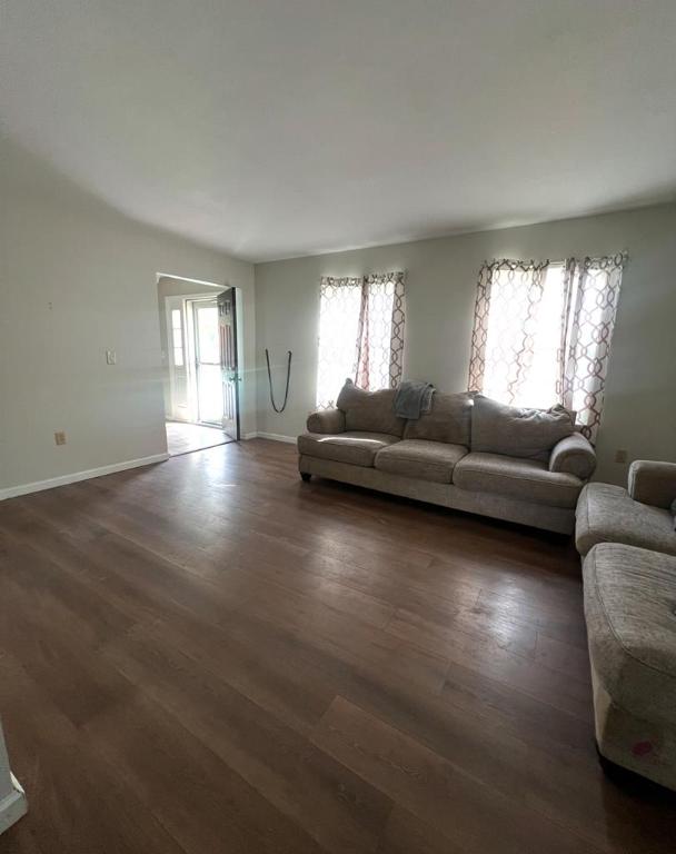 living room featuring dark wood-type flooring and a healthy amount of sunlight