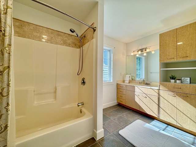 bathroom featuring shower / tub combo with curtain, vanity, and tile patterned floors